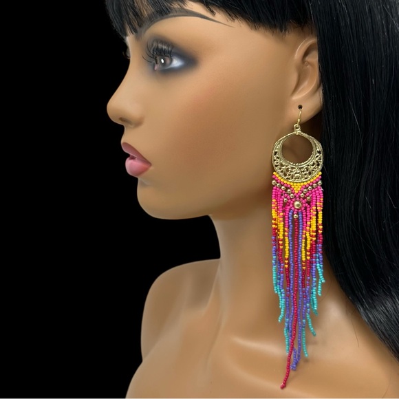 Long Shoulder Duster Seed Bead Multi Color Statement Tassel Fringe Earrings - Picture 3 of 3